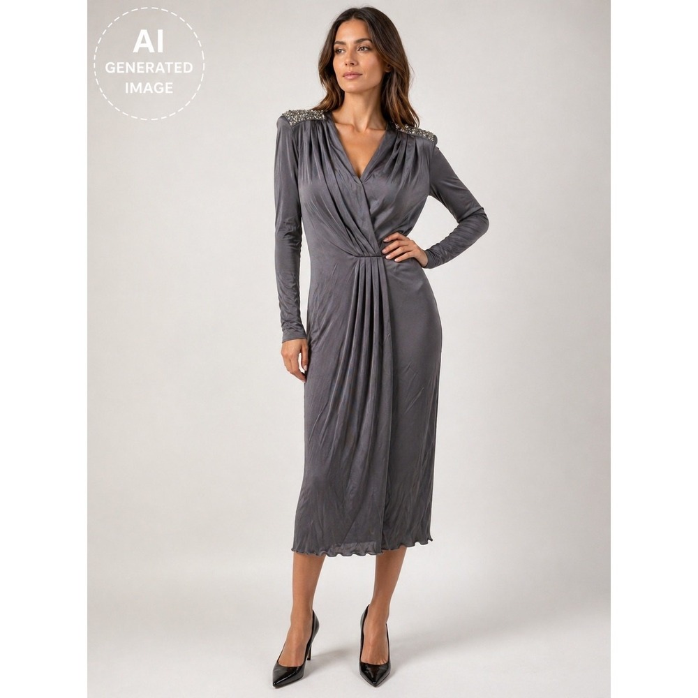 Emilio Pucci Gray Draped Midi Dress Beaded Shoulder Italy Size 40